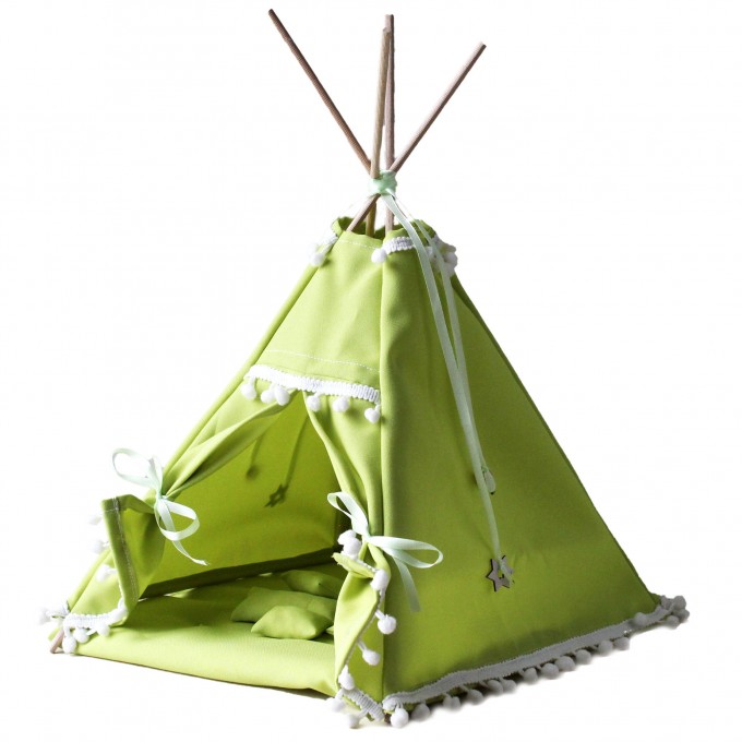 Teepee tent for dolls, green pom pom 1:6 scale 