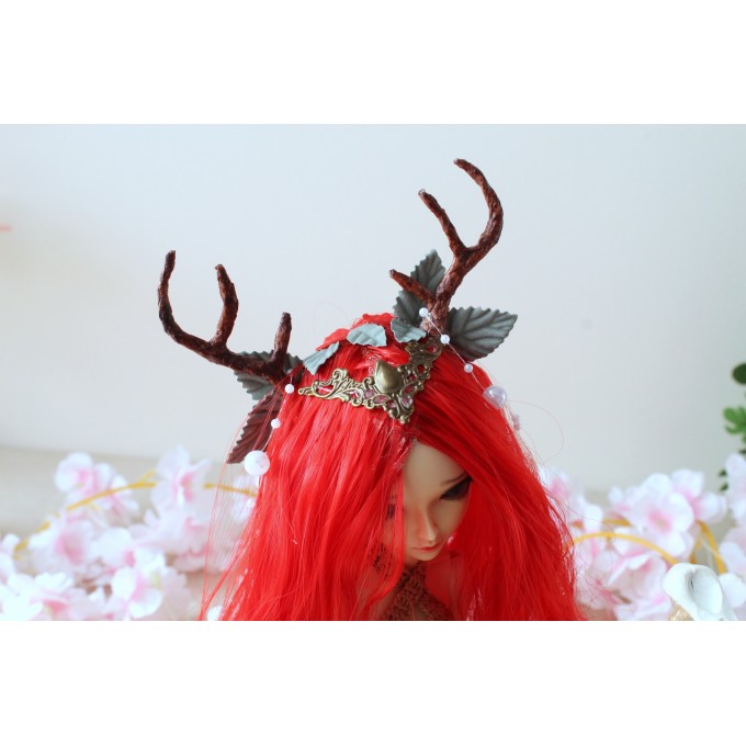 Minifee doll wig with deer horns 10’’ fairy red curl 1:4 scale