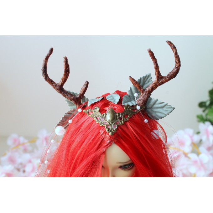 Minifee doll wig with deer horns 10’’ fairy red curl 1:4 scale