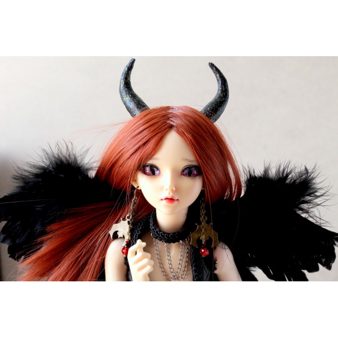 Minifee doll wig with deer horns 10’’ fairy red curl 1:4 scale