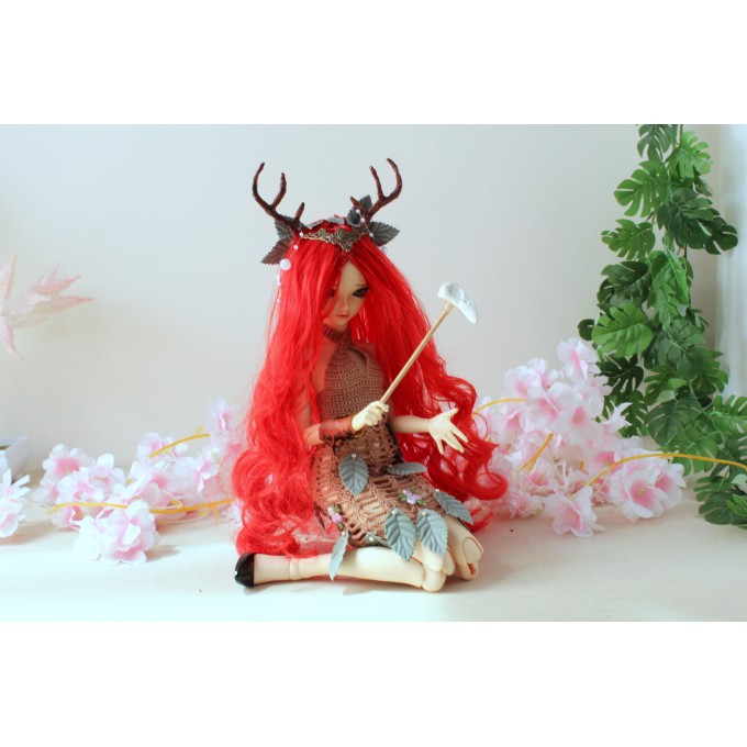 Minifee doll wig with deer horns 10’’ fairy red curl 1:4 scale