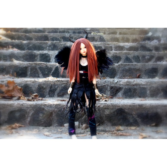 Minifee doll devil outfit set, leather skirt and top wings 