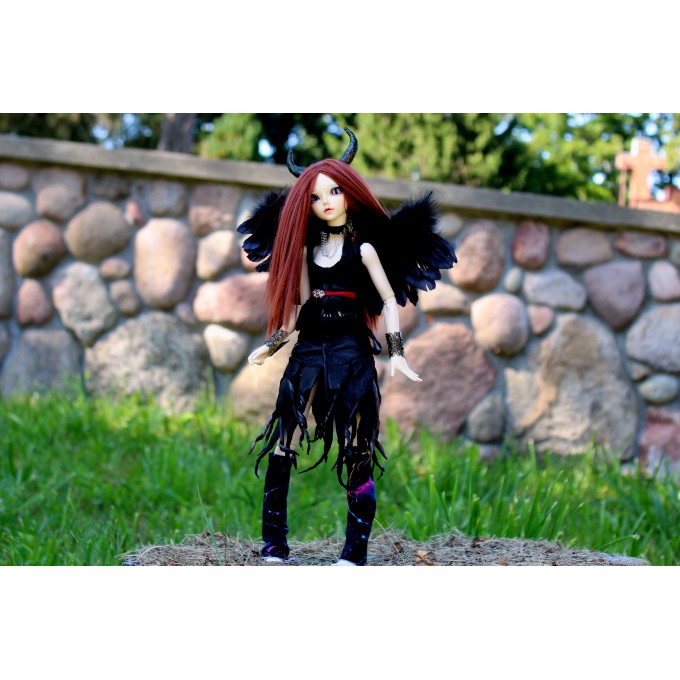 Minifee doll devil outfit set, leather skirt and top wings 