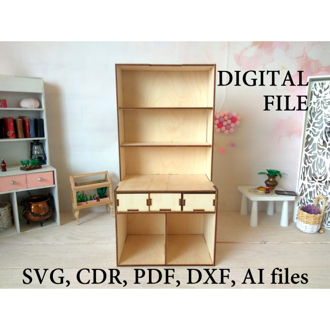 Dollhouse kitchen cabinet vector file, download 1/6 scale