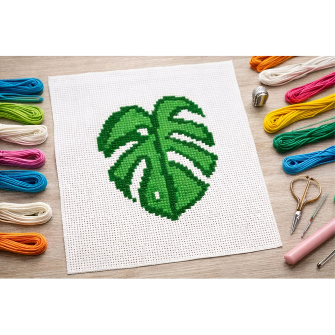 Monstera leaf cross stitch pattern embroidery scheme 