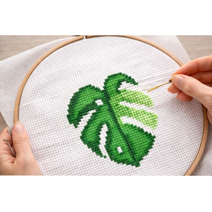 Monstera leaf cross stitch pattern embroidery scheme 